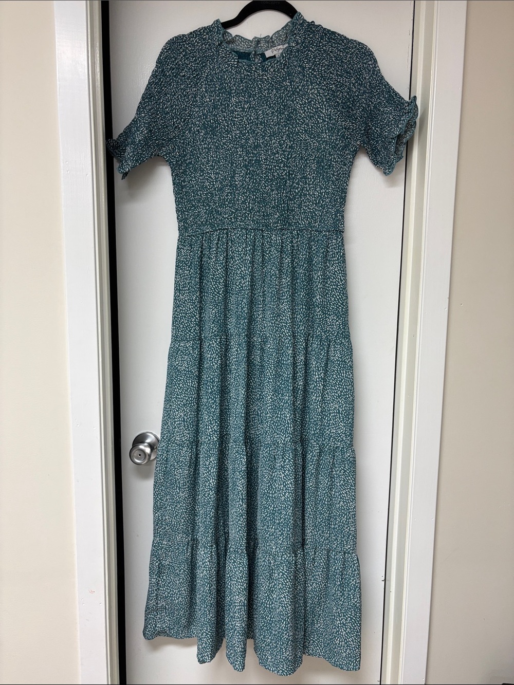 Teal Printed Maxi Dress with Ruffle Neck